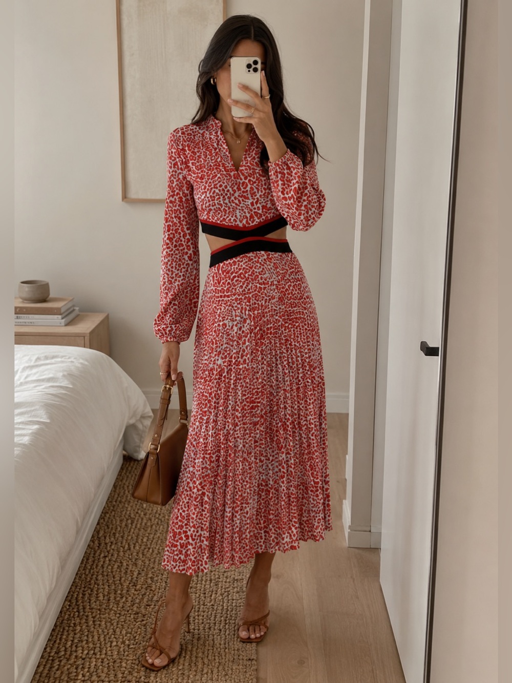 Maje Red and White Animal Print Cutout Midi Dress